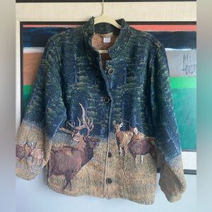 vtg Deer Scene Weavers country Deer woven tapestry jacket coat S/M